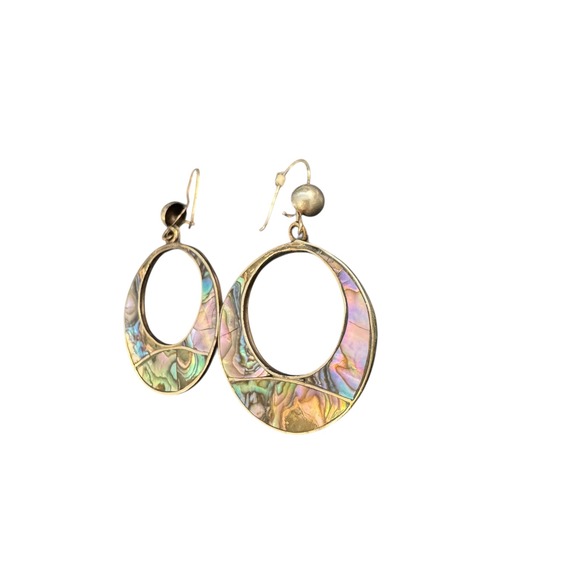 Abalone Inlay Hoop Earrings Silver Made in Mexico - Picture 3 of 9